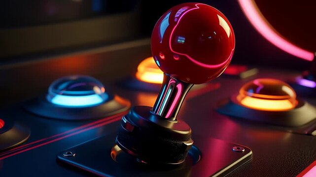Bright red arcade joystick moving amongst glowing neon buttons in a cinematic macro 3D animation, illustrating retro gaming and e-sports concepts