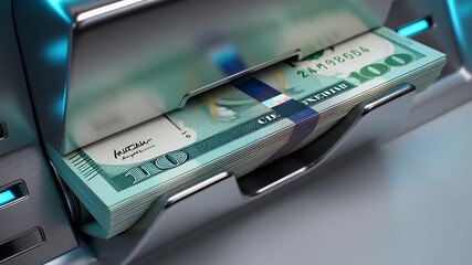 Modern metallic ATM dispensing a stack of hundred dollar bills under blue neon lighting in a realistic 3D animation, illustrating banking and finance concepts