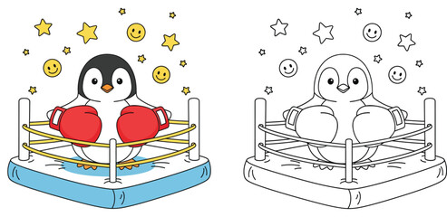 Cute penguin boxer wearing red gloves standing in a boxing ring vector illustration set in color and black and white outline suitable for coloring book page and sports mascot design