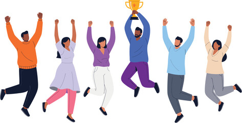 Vector Illustration of a Diverse Team of People Jumping in Celebration, with One Person Holding a Trophy, Representing Business Success, Teamwork, Victory, and Corporate Achievement