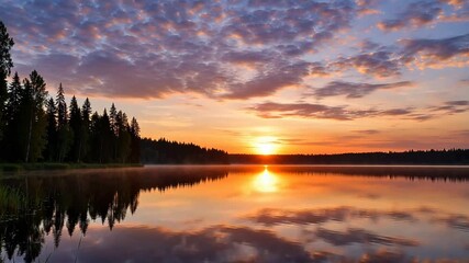 Sunset over calm lake with forest