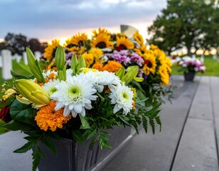 Colorful floral arrangement on a stone surface at dusk, with soft focus distant cemetery view