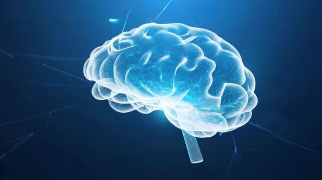 A digital 3d rendering of a brain portrayed with a glowing blue effect against a dark background. this image emphasizes concepts of artificial intelligence, neuroscience, and futuristic technology ide
