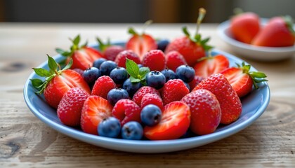 A close up view of a bowl filled with fresh strawberries and blueberries