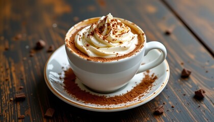 A hot beverage, possibly coffee or cocoa, served in a cup with a decorative pattern of powdered sugar sprinkled on top