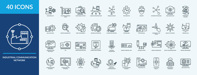 Industrial communication network icon set. Containing field bus system, human machine interface, building automation, data encryption, real time data and more. Outline vector icons collection

