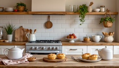 A well equipped kitchen with various cooking utensils and food items visible on the countertops
