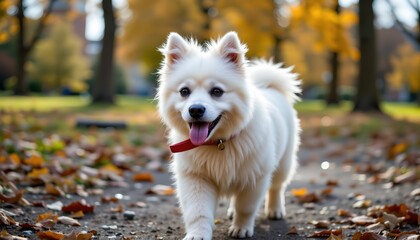 Fototapeta premium In the tranquil setting of an autumnal park, a white dog with a red collar is captured in mid stride, trotting down a path blanketed by fallen leaves