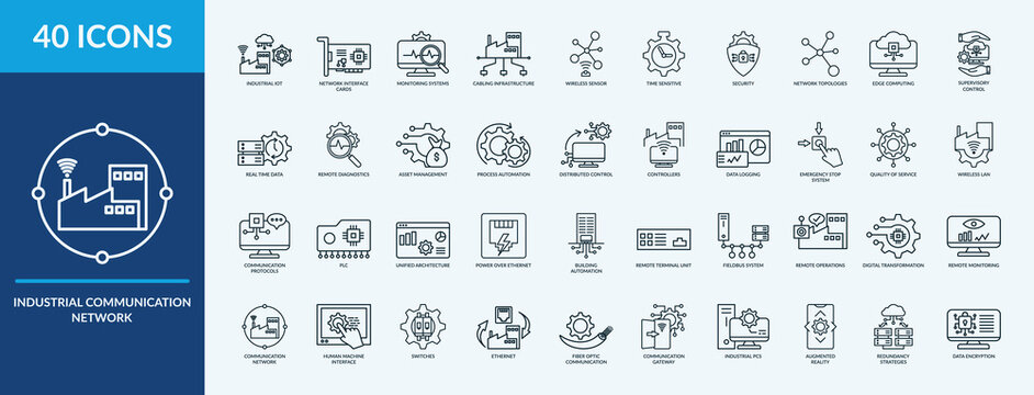 Industrial communication network icon set. Containing field bus system, human machine interface, building automation, data encryption, real time data and more. Outline vector icons collection

