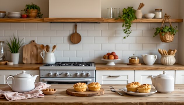 A well equipped kitchen with various cooking utensils and food items visible on the countertops