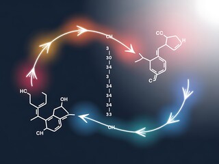 Circular diagram showing chemical structures and an arrow cycle with light effects