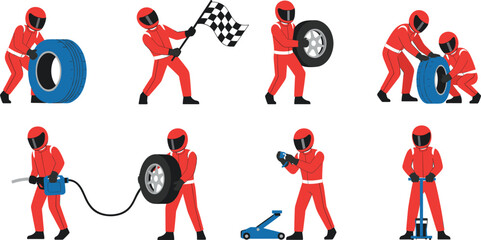 Naklejka premium Vector Illustration Set of Race Car Pit Crew Mechanics in Red Suits, Changing Tires, Refueling, Lifting with a Jack, and Waving the Checkered Flag for Motorsports and Racing Concepts
