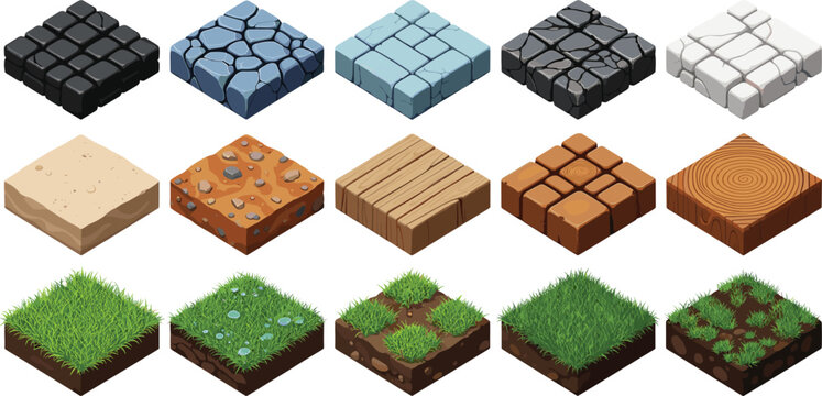 Isometric Vector Game Tile Set of Various Ground Textures, Including Stone, Cracked Earth, Wood, Sand, Dirt, and Green Grass, Ideal for 2D Game Design and Landscape Elements