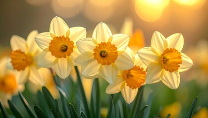 Daffodils in sunlit field, yellow petals around orange centers, green leaves, bokeh background