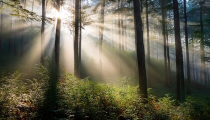 Fototapeta premium Sunbeams Filtering Through Dense Fog In Forest