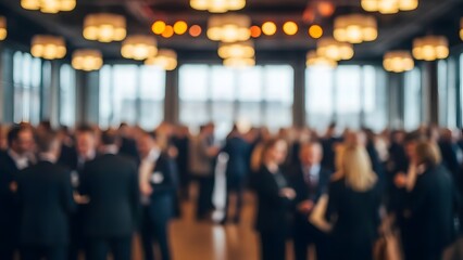 Blurred image of a large gathering of people in an indoor venue with bright ceiling lights