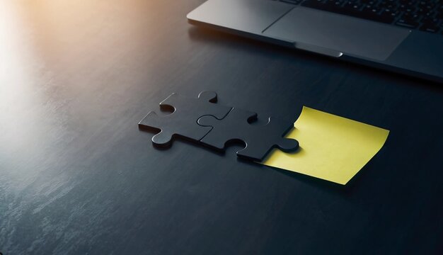 Two puzzle pieces with a sticky note on a dark surface represent teamwork, problem-solving, and collaboration with a modern office setup