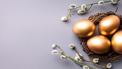 Easter Eggs Gold On Background With Decorative Sprigs Easter Background Postcard