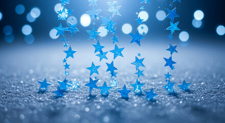 Shiny blue star falling on glittery surface, creating a magical festive scene, symbolic of celebration and wonder, ideal for holiday season or achievement
