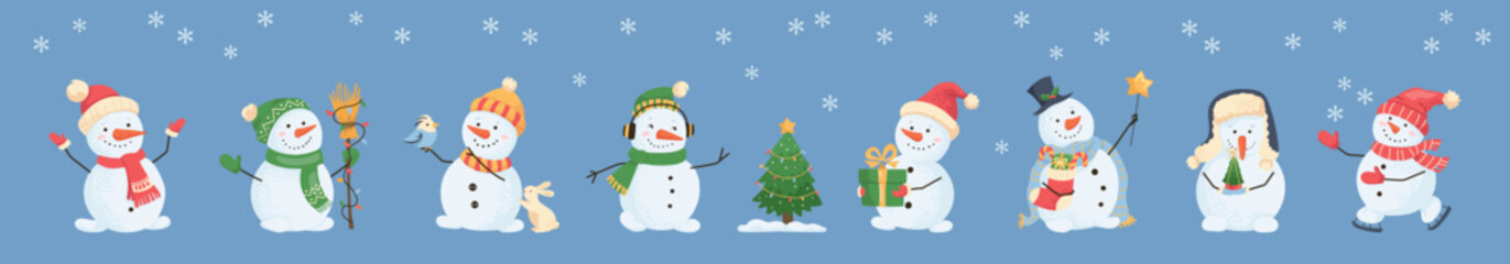 Holiday winter set of cartoon snowmen in festive hats and scarves, holding gifts, Christmas trees. Whimsical winter character made of snow for children's cards, design Joyful flat vector illustrations