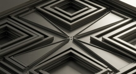 Three dimensional geometric pattern formed by concentric square frames and radiating triangular shapes in metallic material