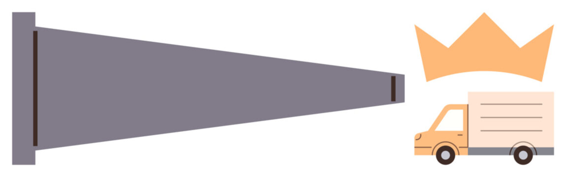 Delivery truck advancing toward a crown with a spotlight effect symbolizing progress, success, goal achievement, leadership, logistics, and business growth. Ideal for branding, competition, ambition