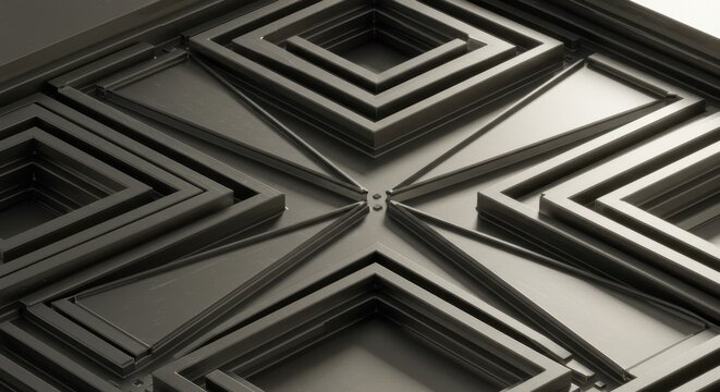 Three dimensional geometric pattern formed by concentric square frames and radiating triangular shapes in metallic material