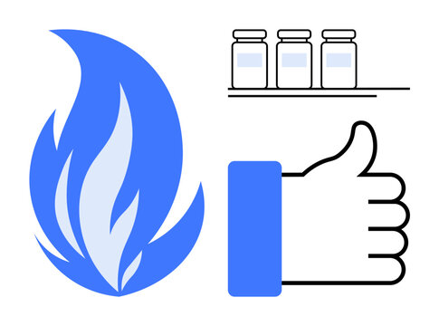 Vaccination concept. Blue flame, vaccine vials, and thumbs-up icon vaccination progress and safety. Vaccination ensuring health improvement and societal protection. For healthcare, public awareness
