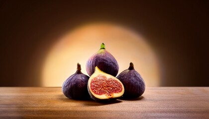 Ripe Figs Cut And Whole Lying In Group On Wooden Table On Soft Brown Background With Round Light Gradient Spot Artistic Dark Food Photo With Copy Space