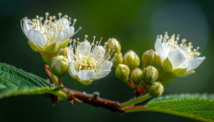 Close-up of tiny white blossoms and small green buds on a dark twig against a blurred green background