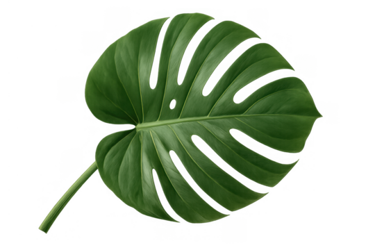 Monstera deliciosa leaf on transparent background, green tropical botanical plant with holes