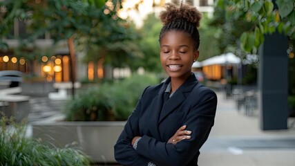 A confident professional woman smiles in a stylish suit in an urban park during the late afternoon, showcasing her ambition