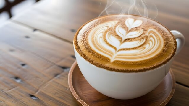 A cup of latte art on a wooden table with steam rising up