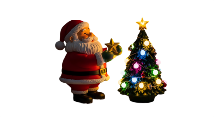 Santa Claus figurine with a star ornament stands beside a small, brightly lit Christmas tree, radiating festive cheer and holiday magic perfect for seasonal promotions and heartwarming greetings