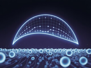 Abstract glowing blue geometric shape with connected dots over a field of spheres