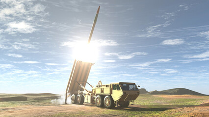 Anti-aircraft vehicle firing a missile