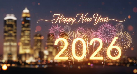 Night scene featuring blurred city buildings, fireworks and luminous "Happy New Year 2026" text, symbolizing celebration, holiday, festive season