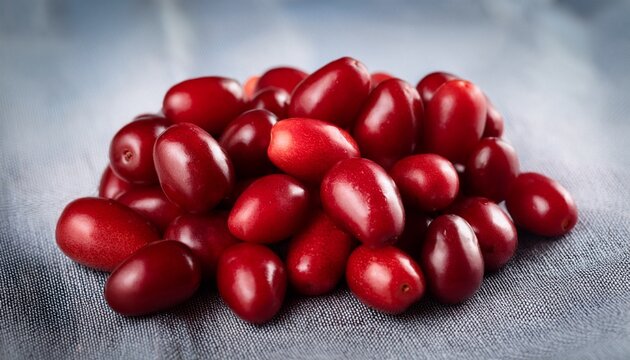 Close Up Of Red And Ripe Cornelian Cherry Also Called Cornus Mas