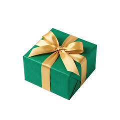 Obraz premium A green gift box adorned with a golden bow, symbolizing celebration and surprise.