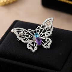 Cute Decorative Butterfly Brooch with Gem Details in a Stylish Background