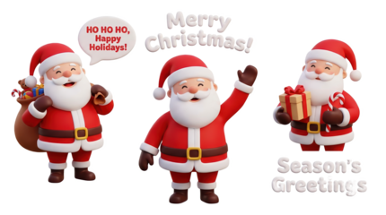 A cheerful Santa Claus character dressed in red, holding gifts and spreading holiday greetings.