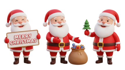A cheerful Santa Claus character holding a "Merry Christmas" sign, featuring a festive outfit, gift bag, and a small Christmas tree.