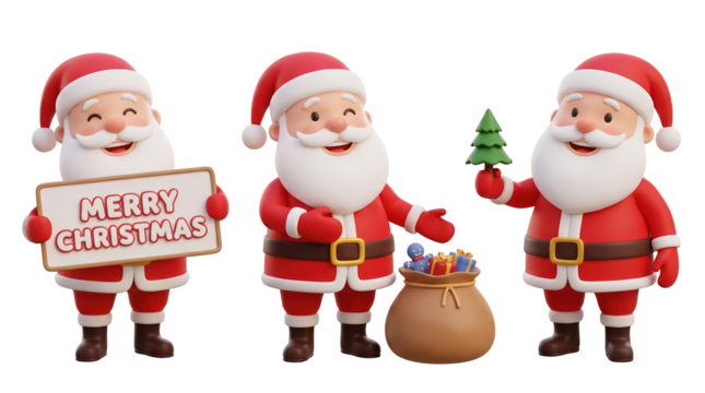 A cheerful Santa Claus character holding a "Merry Christmas" sign, featuring a festive outfit, gift bag, and a small Christmas tree.