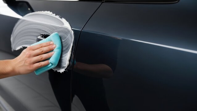 Hand washing car with soap foam and towel for auto detailing or car service advertisement. Concept for vehicle maintenance and cleaning.