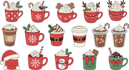 Cute Christmas coffee mug vector set with whipped cream, candy canes, festive drinks, winter holiday hot chocolate illustrations