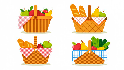Assortment of picnic baskets filled with fresh food and snacks