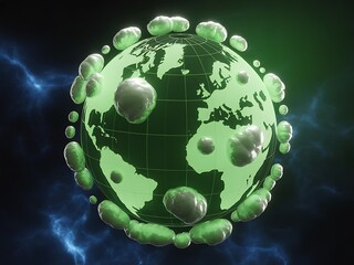 Glowing earth surrounded by virus like particles against a dark background