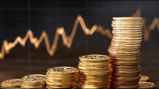 Financial Ascent: Gold coins are stacked in ascending order, reflecting financial growth and stability against the backdrop of an upward trending graph