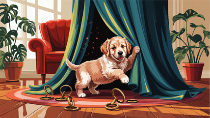 Playful golden retriever puppy hiding in teal curtains in cozy living room with plants, red armchair and wooden floor illustration