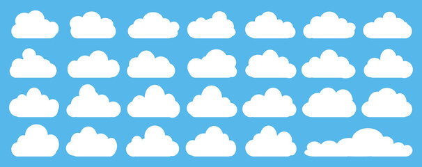 set of vector illustrations of clumpy clouds, cloud bubbles in flat style on a blue background